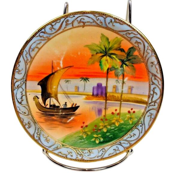 Vintage Nippon Nagoya SNB Hand Painted Saucer Plate 6" w Gold Accents Scene - Picture 1 of 6